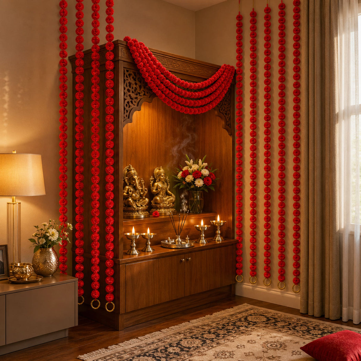 Red floral garlands in a set of 5 marigold strings with ghungroo draped on a wooden altar for diwali and wedding decor