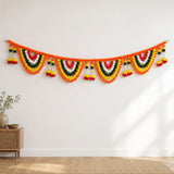 9.6 feet jumbo marigold jasmine door toran hanging valance with vibrant orange yellow green and white pom-poms and tassels