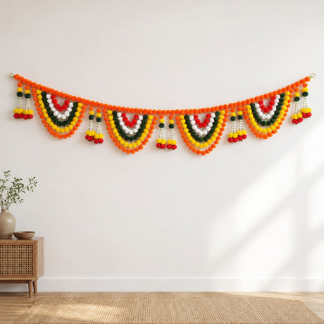 9.6 feet jumbo marigold jasmine door toran hanging valance with vibrant orange yellow green and white pom-poms and tassels