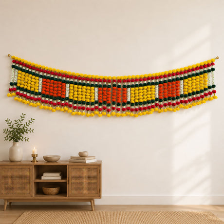 9.6 feet jumbo marigold jasmine door toran hanging valance with vibrant yellow red orange green and white pom-poms for festival decor