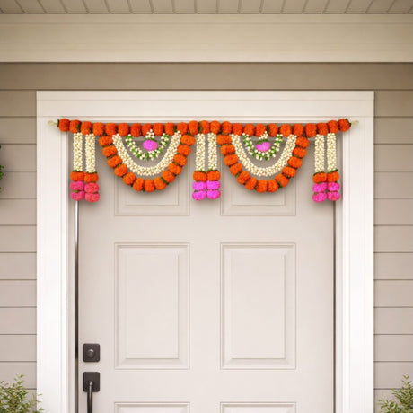 Vibrant marigold jasmine door toran garland with orange, pink, white flowers, 44 inch Diwali decor