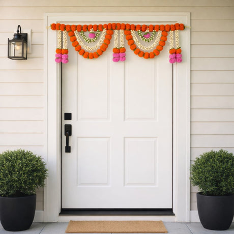 Vibrant orange pink marigold jasmine door toran garland with white beads, 44 inch