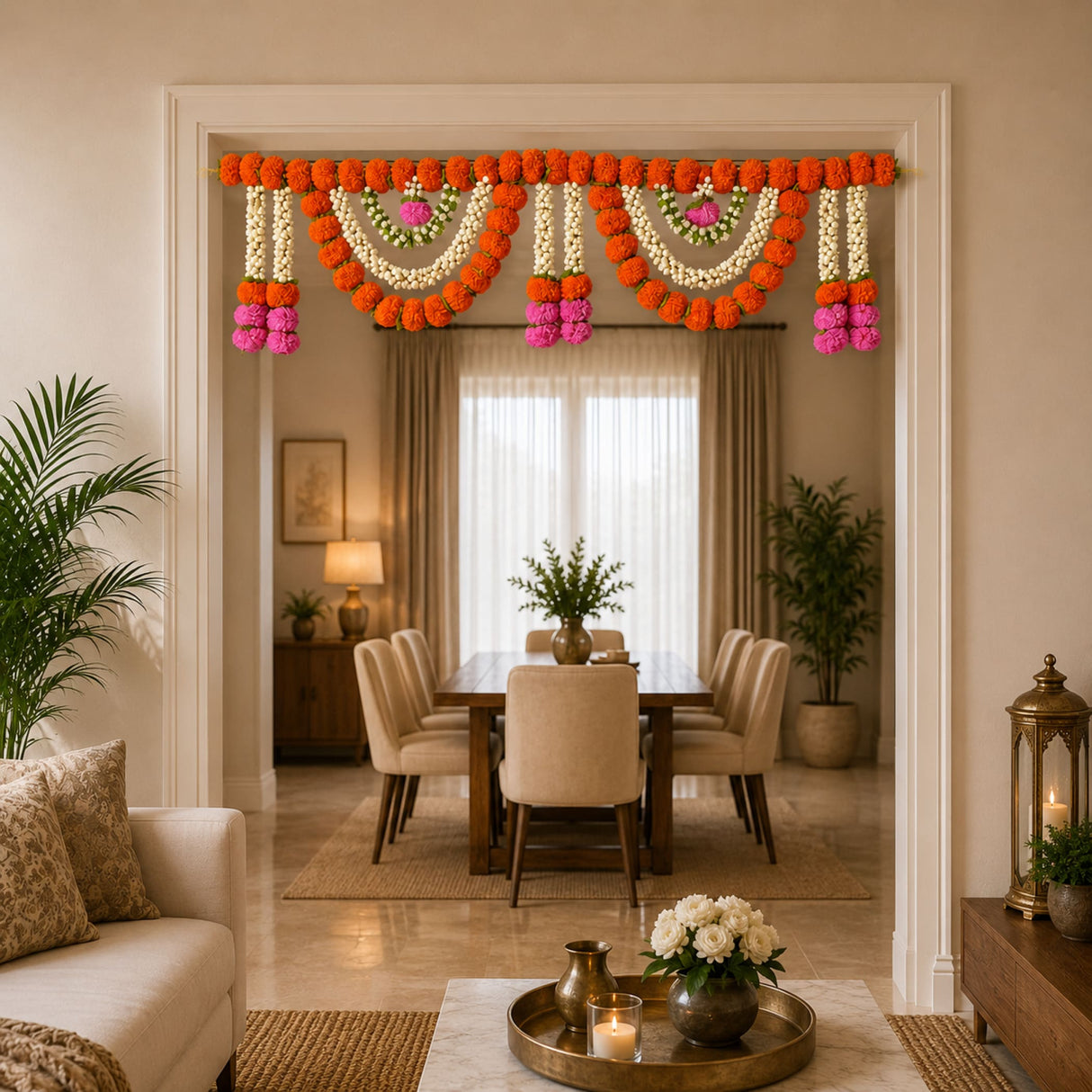 Vibrant orange white and pink marigold jasmine door toran hanging valance hanging above a doorway for festive decor