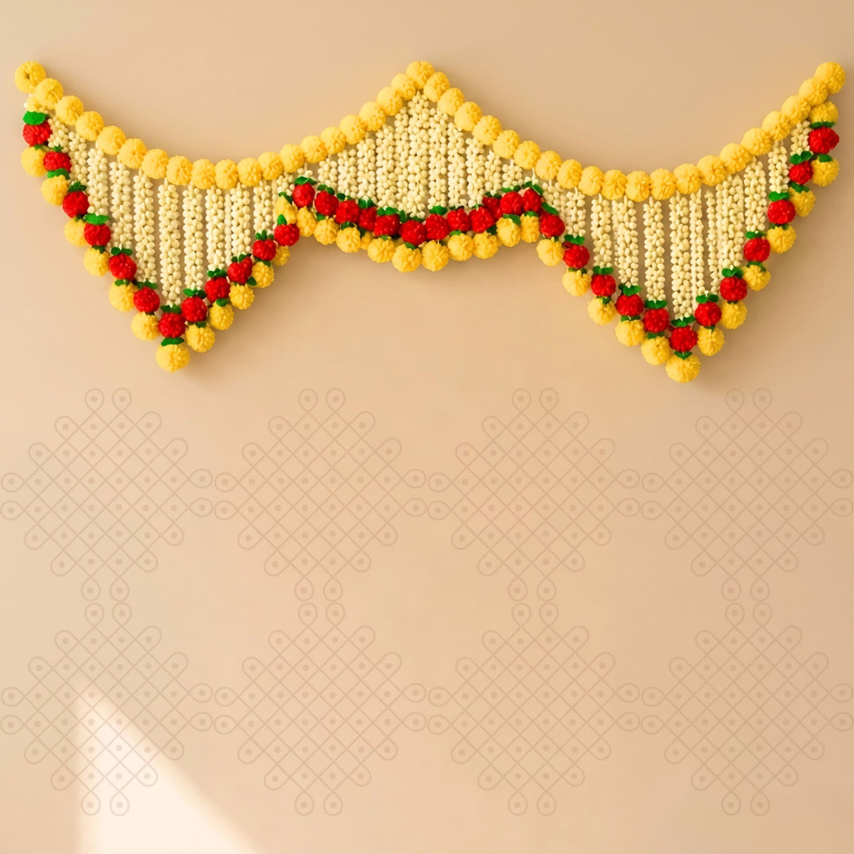 A vibrant yellow and red marigold jasmine floral garland with a decorative wave design for Indian festival decor
