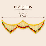 A vibrant yellow and red pom-pom marigold jasmine door toran garland 5 feet long for indian wedding and festival decor