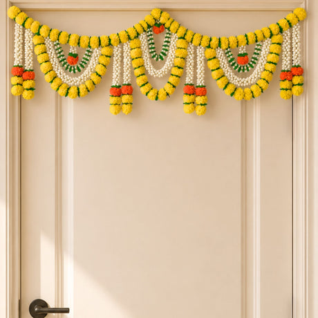 Artificial marigold jasmine garland toran in yellow green white with orange accents for Indian festival pooja decor