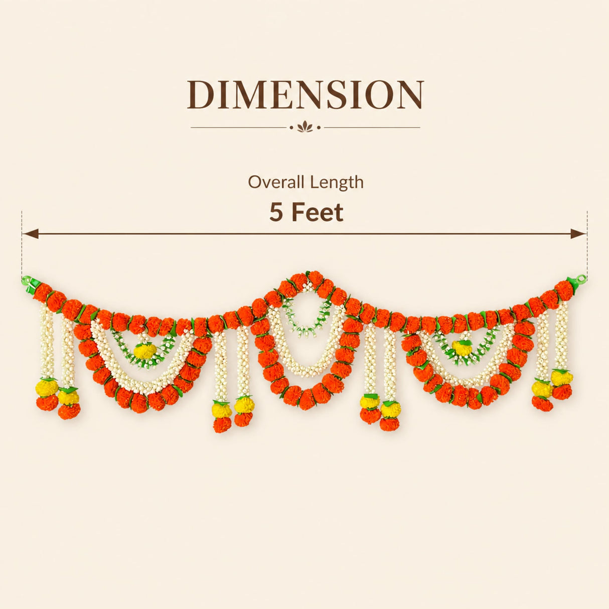 A vibrant orange white and green artificial marigold jasmine garland toran 5 feet long for festival pooja and home decor