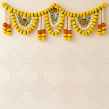 A vibrant yellow white and green artificial marigold jasmine garland with decorative pom-poms for festival pooja decor
