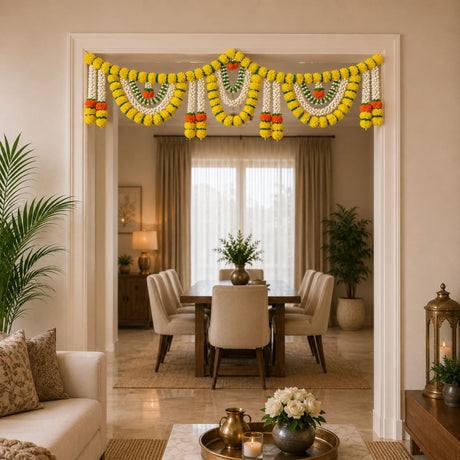 Artificial marigold jasmine garland in yellow white and orange hanging floral decoration for pooja and wedding decor