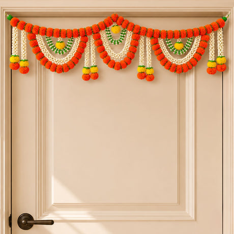 Artificial marigold jasmine garland toran with vibrant orange white yellow flowers and green accents for festive decor