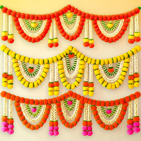 5 feet artificial marigold jasmine garland toran floral hanging decoration in vibrant orange yellow and pink for pooja and weddings