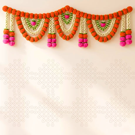 Artificial marigold jasmine garland toran with vibrant orange pink green flowers and white pearl accents for Indian festival decor