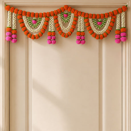 Artificial marigold jasmine garland toran 5 feet vibrant orange white pink floral hanging decoration for pooja and wedding
