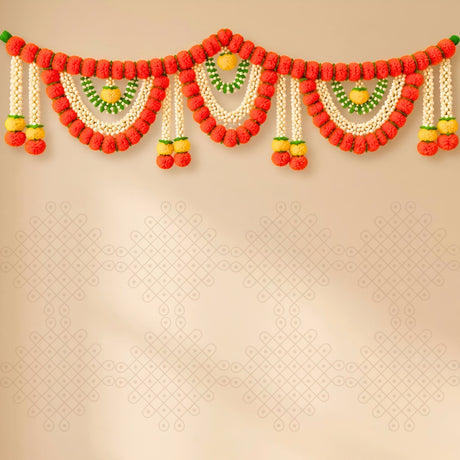 Artificial marigold jasmine garland toran with vibrant red green yellow flowers and intricate beadwork for festival decor