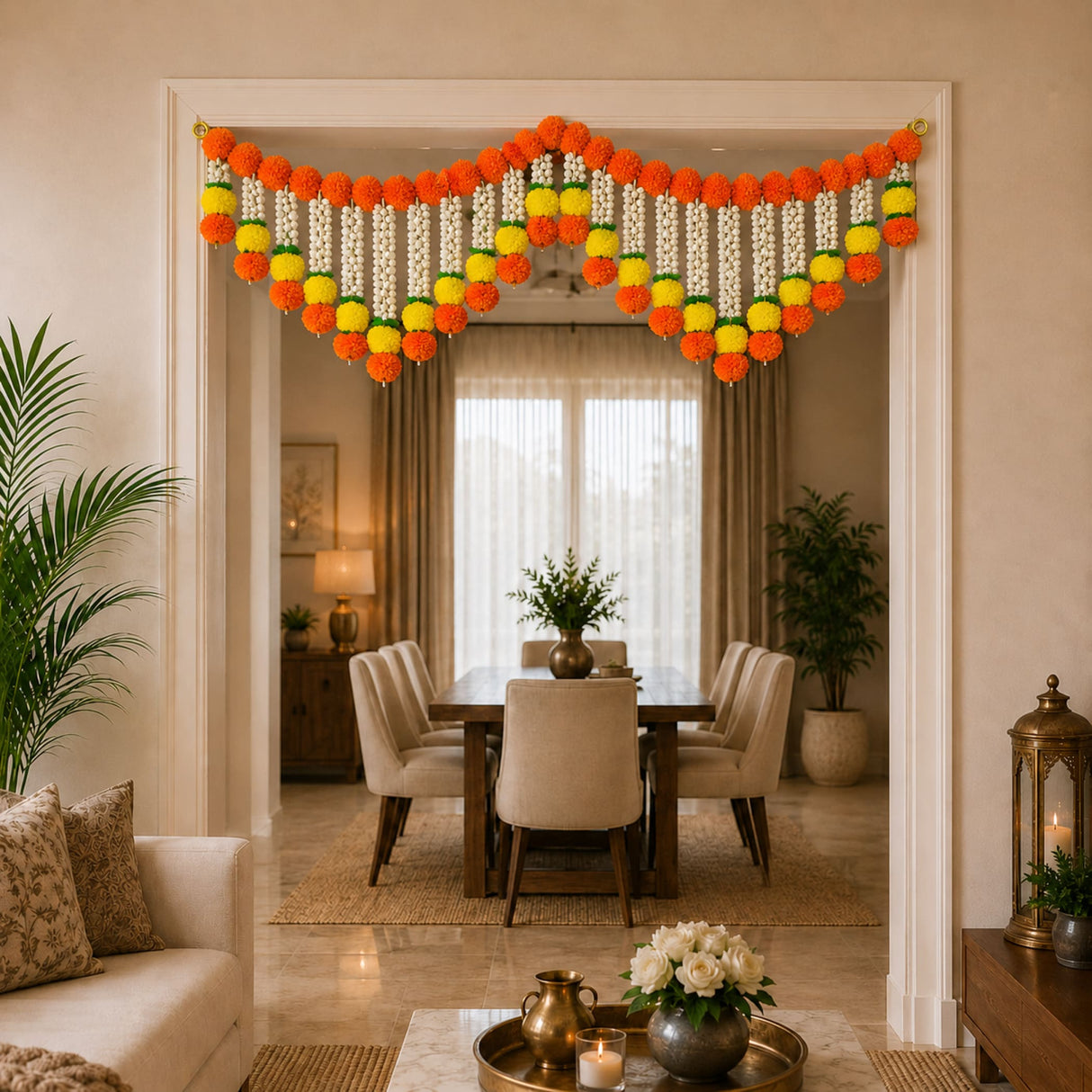 A vibrant orange yellow and white marigold jasmine door toran hanging valance garland for festive decor and puja ceremonies