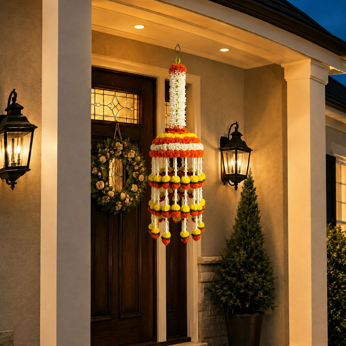 A vibrant multi-tiered floral chandelier made of white orange and yellow marigold strings for wedding and puja decor