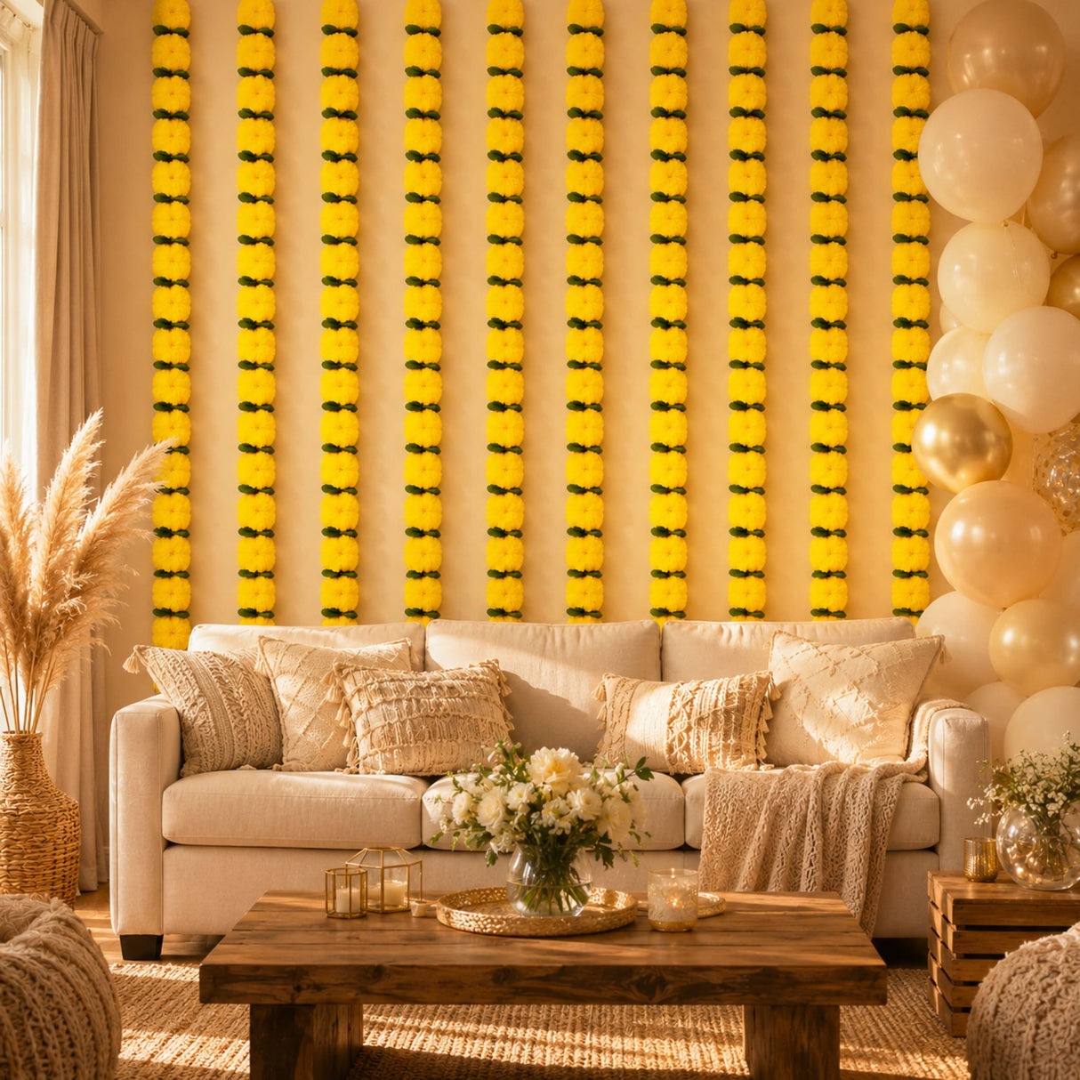 Beige upholstered sofa with textured throw pillows and knitted blanket in marigold jhoomar wedding garland decor setting
