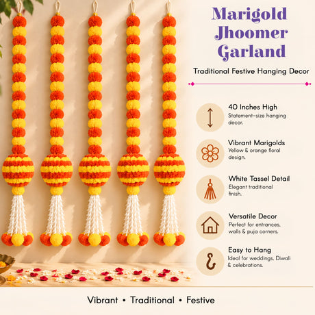Artificial marigold and jasmine hanging jhoomer garland with vibrant yellow orange pom-poms and white tassel decor