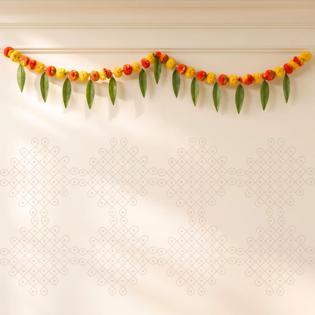 A 5 feet marigold mango leaf door toran hanging valance with vibrant red yellow flowers and green leaves for festival decor