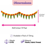 A 5 feet marigold mango leaf door toran hanging garland with alternating red and yellow plastic fabric flowers for decor