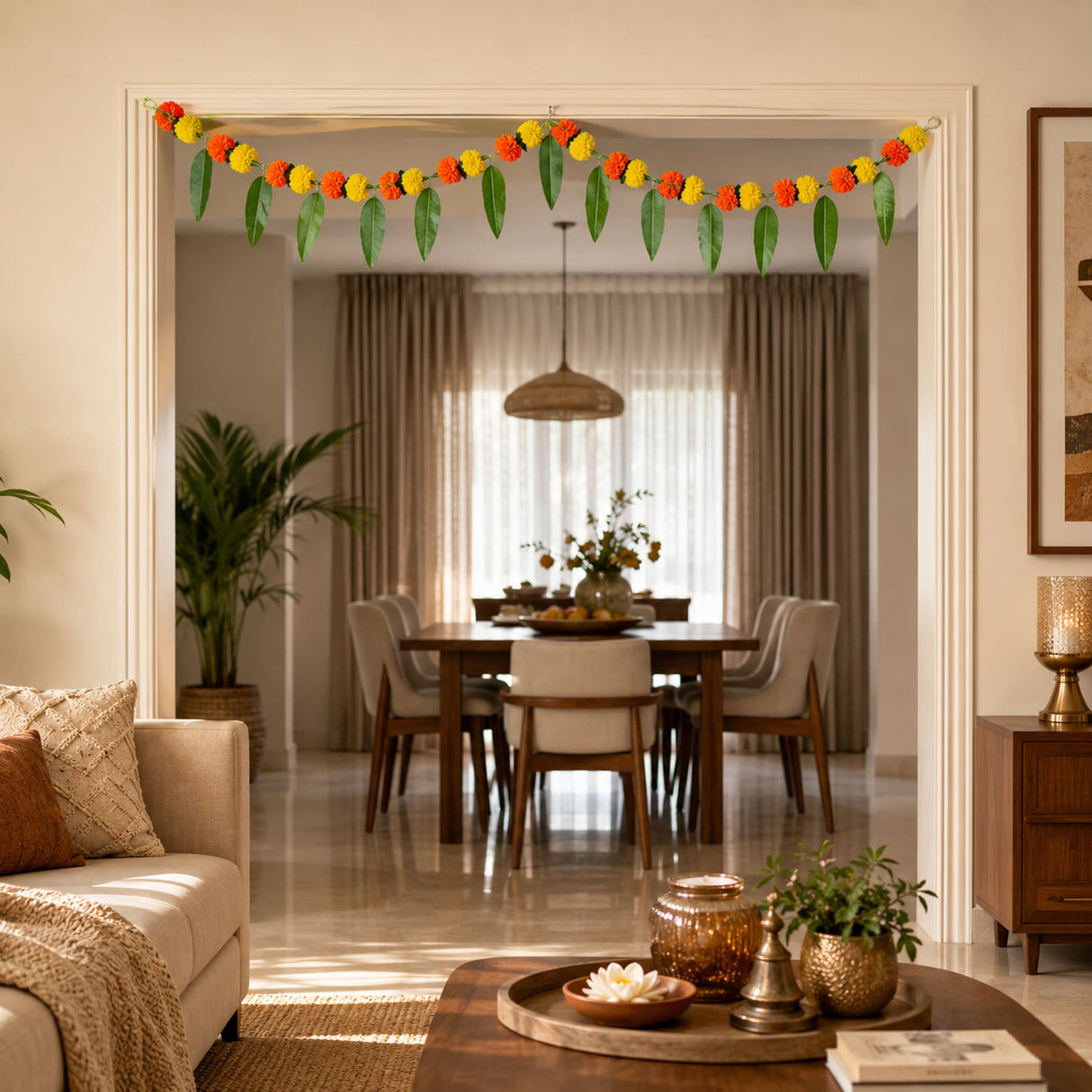 A vibrant 5 feet marigold mango leaf door toran hanging valance with orange yellow flowers for festival decor