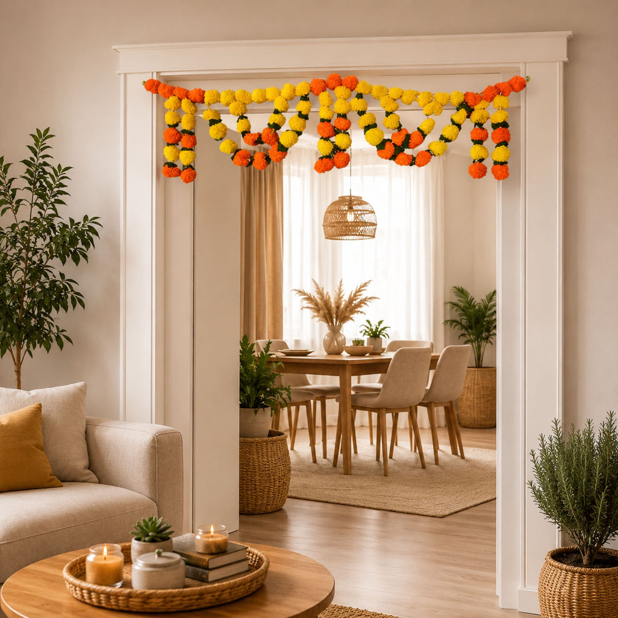 A vibrant orange and yellow marigold mango leaf door toran hanging valance draped across a white doorway for festive decor