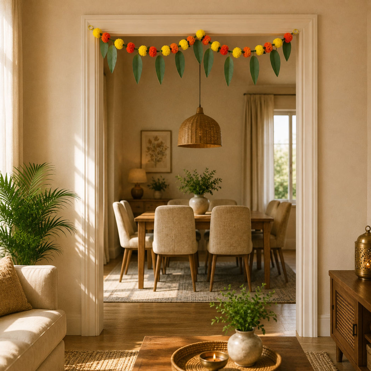 A festive marigold mango leaf door toran hanging valance with yellow orange red pom-poms and green leaf accents for indoor outdoor decor
