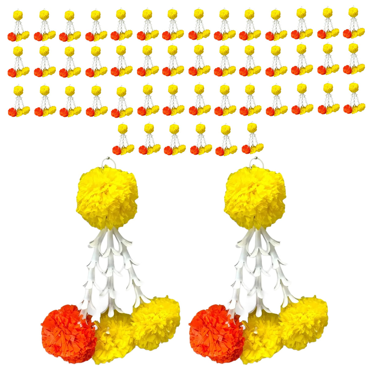 Bulk marigold tuberose tassels with vibrant yellow and orange flowers and white paper elements for festive decor