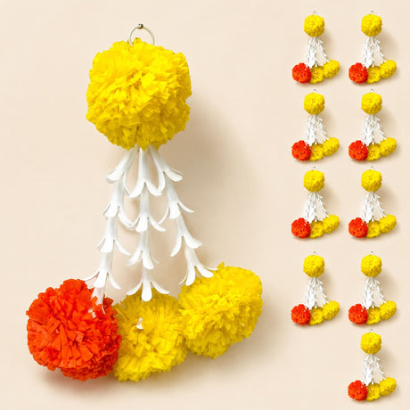 Bulk marigold tuberose tassels vibrant yellow and orange paper pom-pom with white layered petal accents for festive decor
