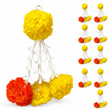Bulk marigold tuberose tassels vibrant yellow and orange paper pom-pom garland with white plastic feather accents for diwali and eid decor