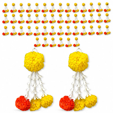 Bulk marigold tuberose tassels with bright yellow and orange flowers and white decorative elements for festive decor