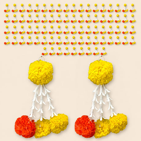 Bright yellow and orange bulk marigold tuberose tassels with white decorative elements for Diwali and wedding decor