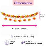 A vibrant orange and yellow marigold tuberose door toran garland with white tassels made of plastic and fabric thread