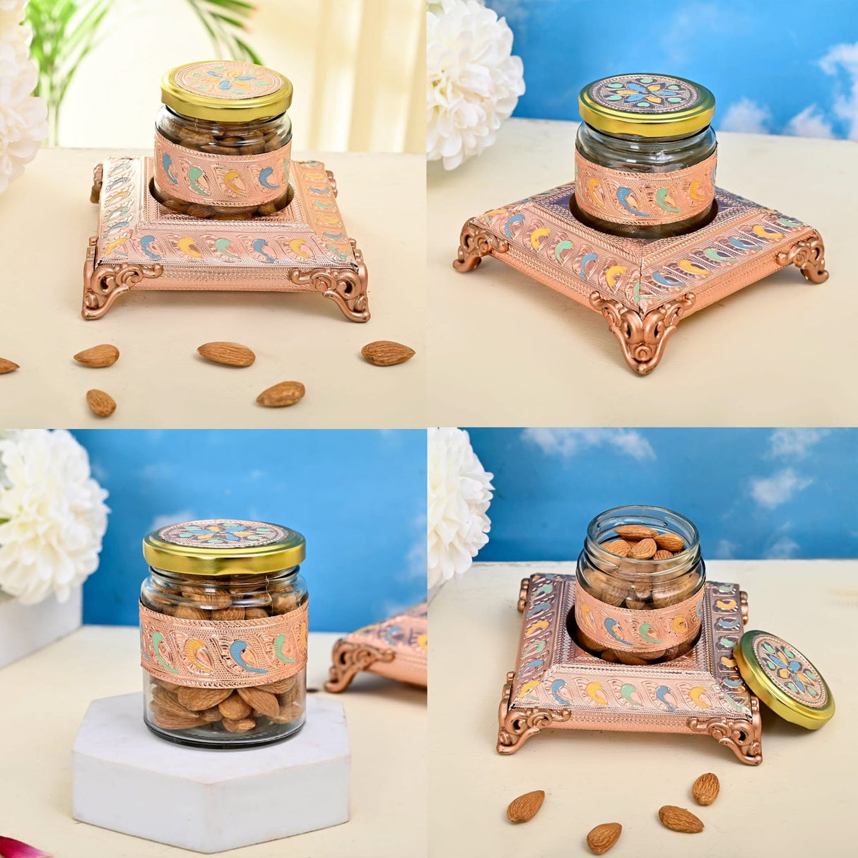 Almond-filled glass jars on decorative stands for dry fruits and treats storage