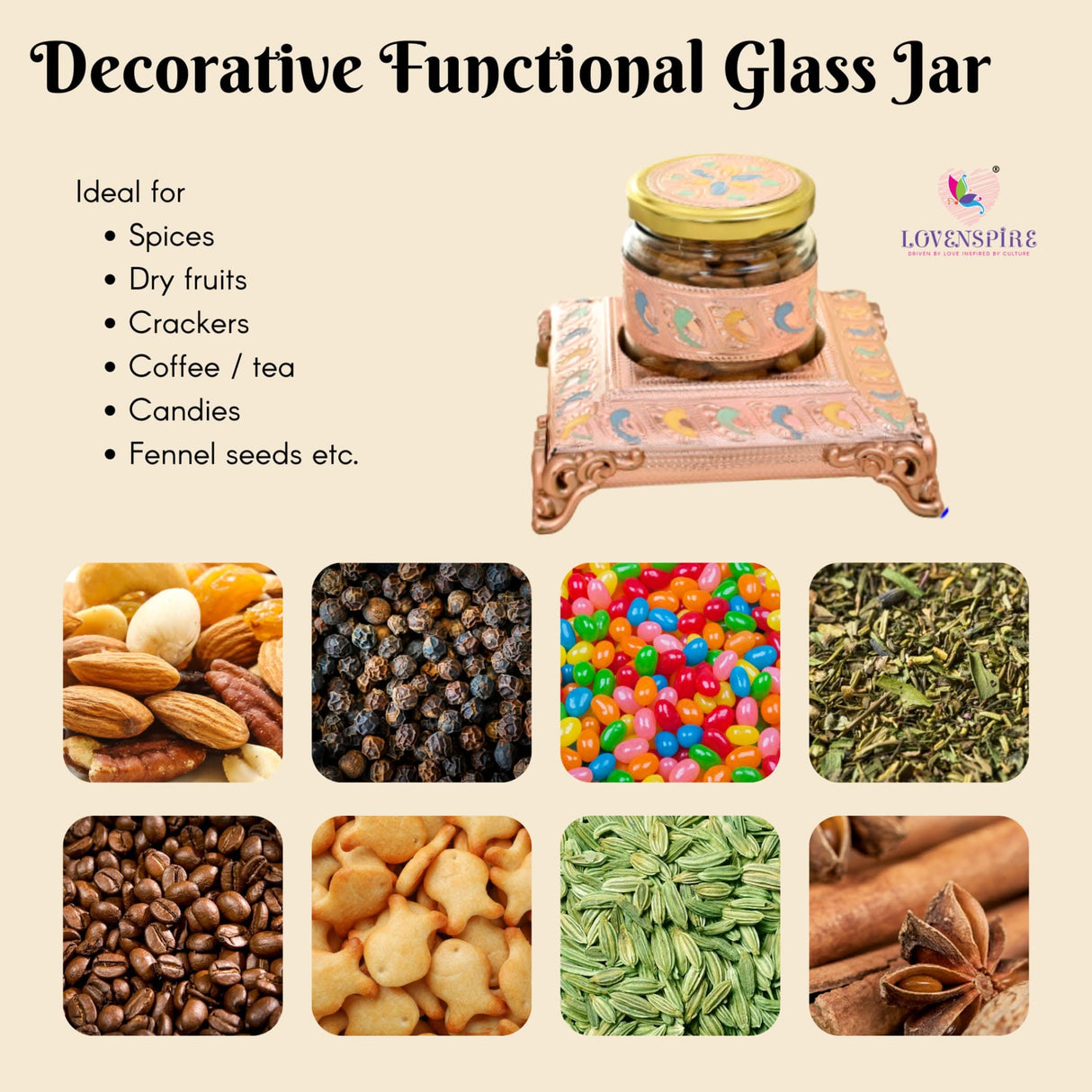 Decorative glass jar with stand for dry fruits and candies, 200ml capacity