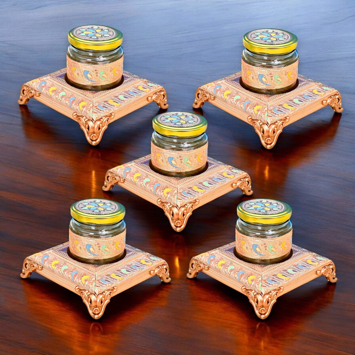Five ornate Meenakari glass jars with stands for dry fruits and decorative storage