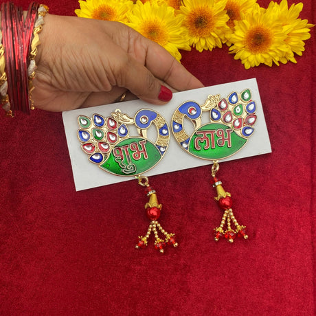 Meenakari Peacock Shubh Labh Decor Indian Traditional Gift Item for Home Office Floor/wall Stickers Wall Art Diwali Decorations Housewarming Gift - LoveNspire