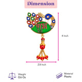 Meenakari peacock-shaped gold-toned pin with colorful enamel feathers green body red hindi script and dangling beads
