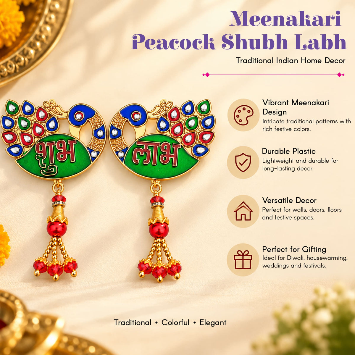 Vibrant meenakari peacock-shaped decorative plaques with green blue red enamel and gold-tone metal for Diwali decor