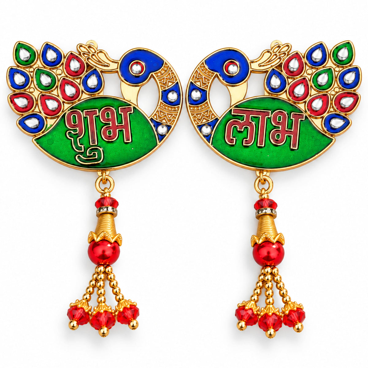 Pair of gold-plated meenakari peacock earrings with colorful enamel feathers and red bead tassels for traditional decor