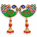 Pair of gold-plated meenakari peacock earrings with colorful enamel feathers and red bead tassels for traditional decor