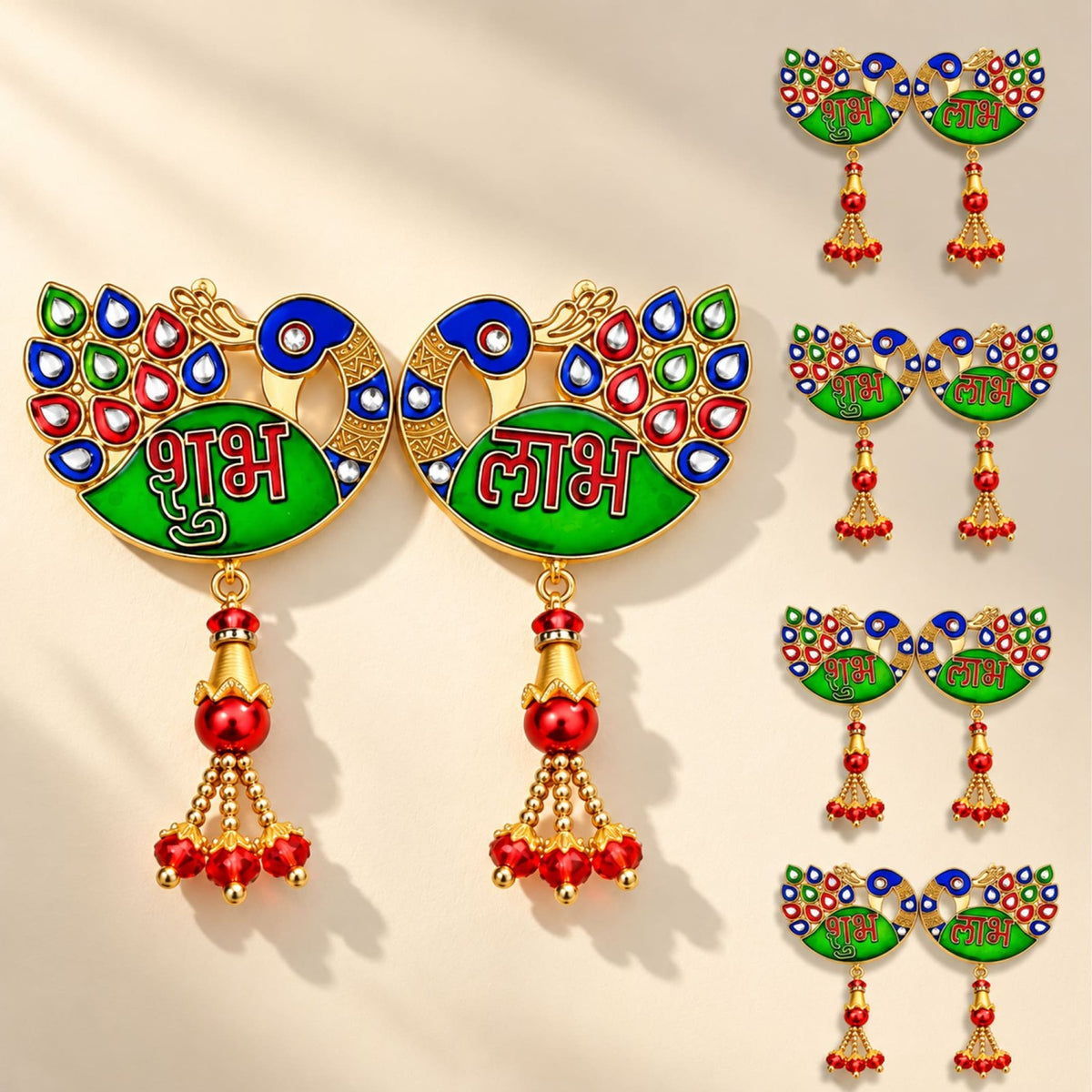 Gold-plated meenakari peacock decorative pins with green enamel centers and red blue gemstone accents for diwali decor