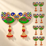 Gold-plated meenakari peacock decorative pins with green enamel centers and red blue gemstone accents for diwali decor