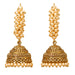 Golden jhumka earrings with cream pearls and intricate metalwork for traditional Diwali wedding and ethnic wear