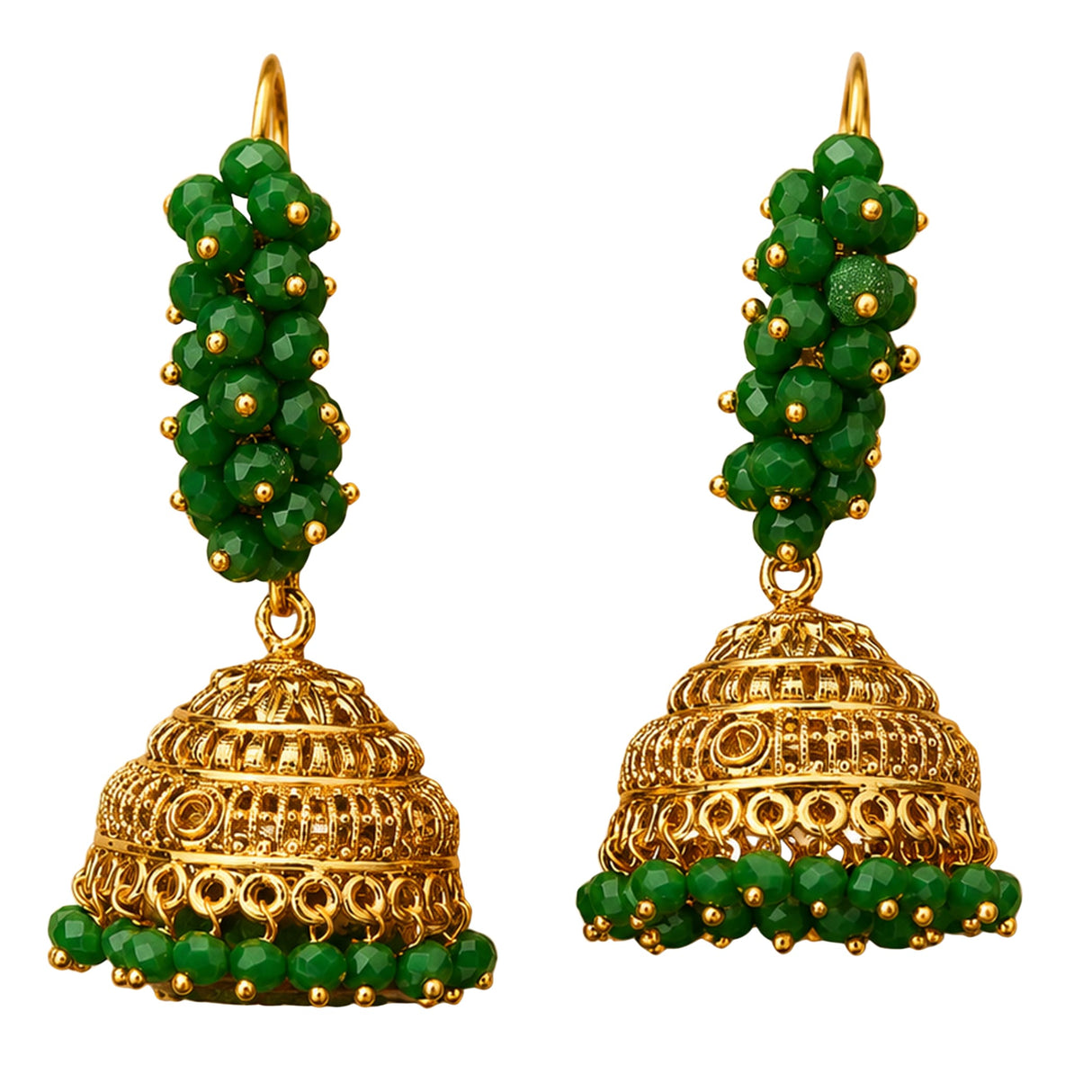 Indian Bali hoop and bead earrings featuring gold tone jhumka design with green faceted beads and intricate filigree work
