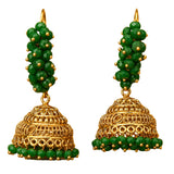Indian Bali hoop and bead earrings featuring gold tone jhumka design with green faceted beads and intricate filigree work