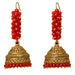 Indian bali hoop and bead earrings for women featuring red and gold jhumka design with filigree and faceted beads
