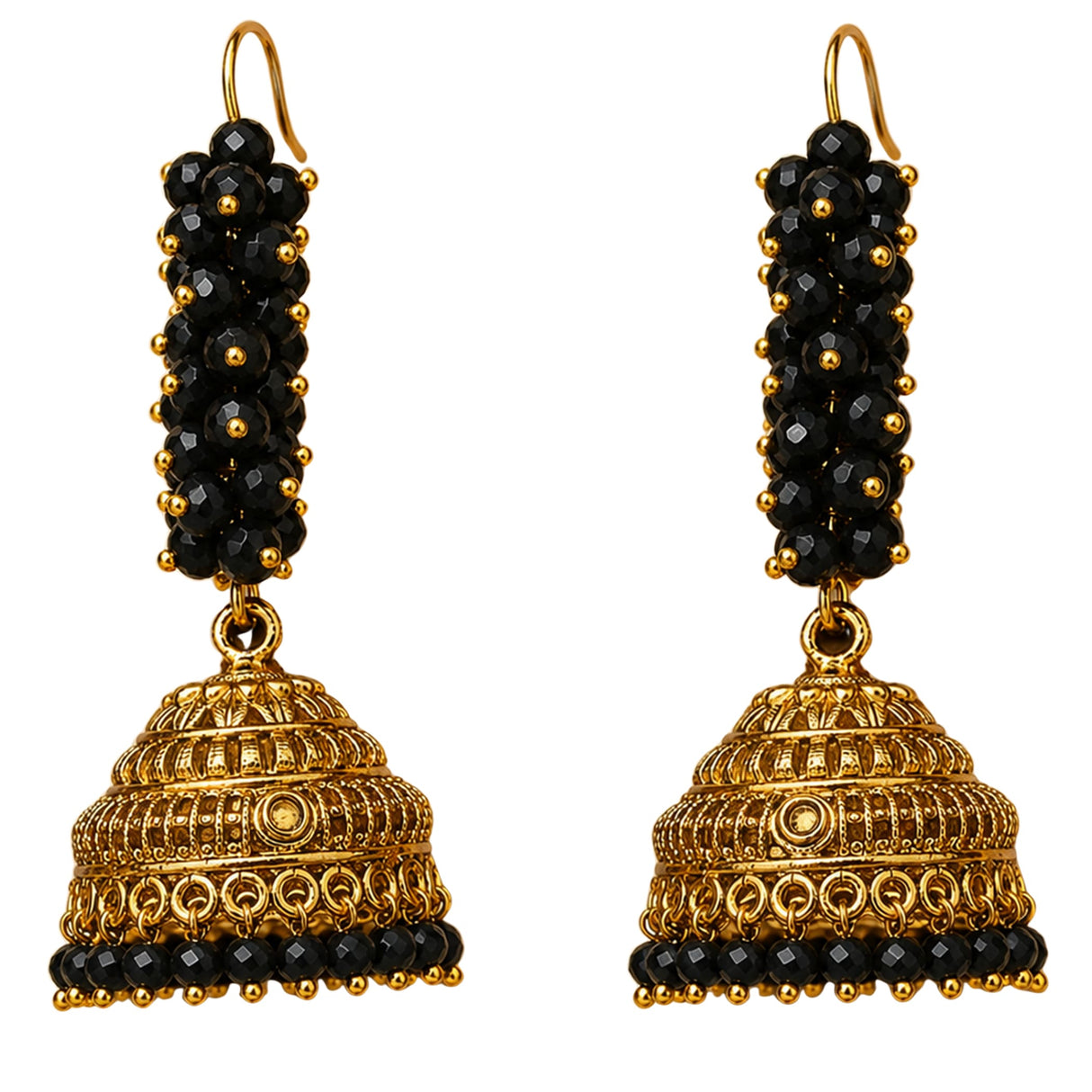 Elegant black and gold tone Indian Bali jhumka earrings with intricate filigree beads for Diwali wedding wear