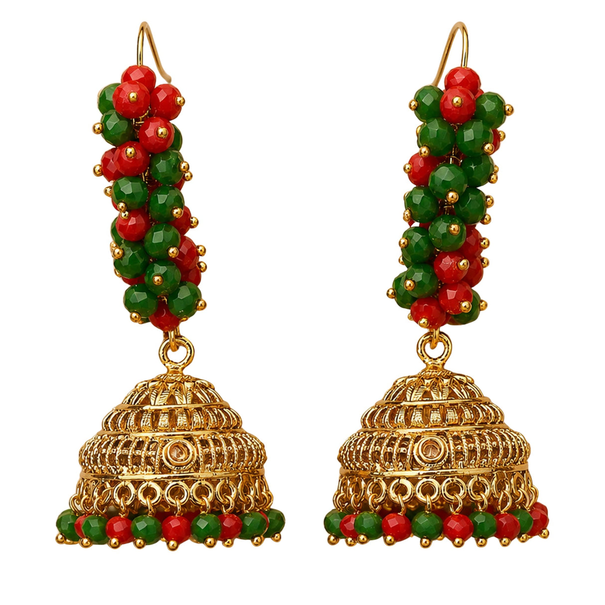 Gold tone indian bali hoop and bead jhumka earrings with red and green beads and intricate filigree for ethnic wear