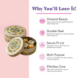 Handcrafted meenakari stainless steel round box with intricate gold and colorful enamel for sweets storage and gifts